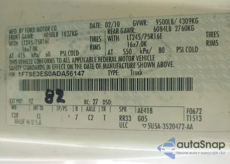 2010 Ford E-350 Super Duty Commercial/Recreational из США, поврежденный, VIN 1FTSE3ES0ADA56147